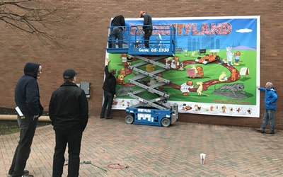 Setting up the BrickCityLand mural